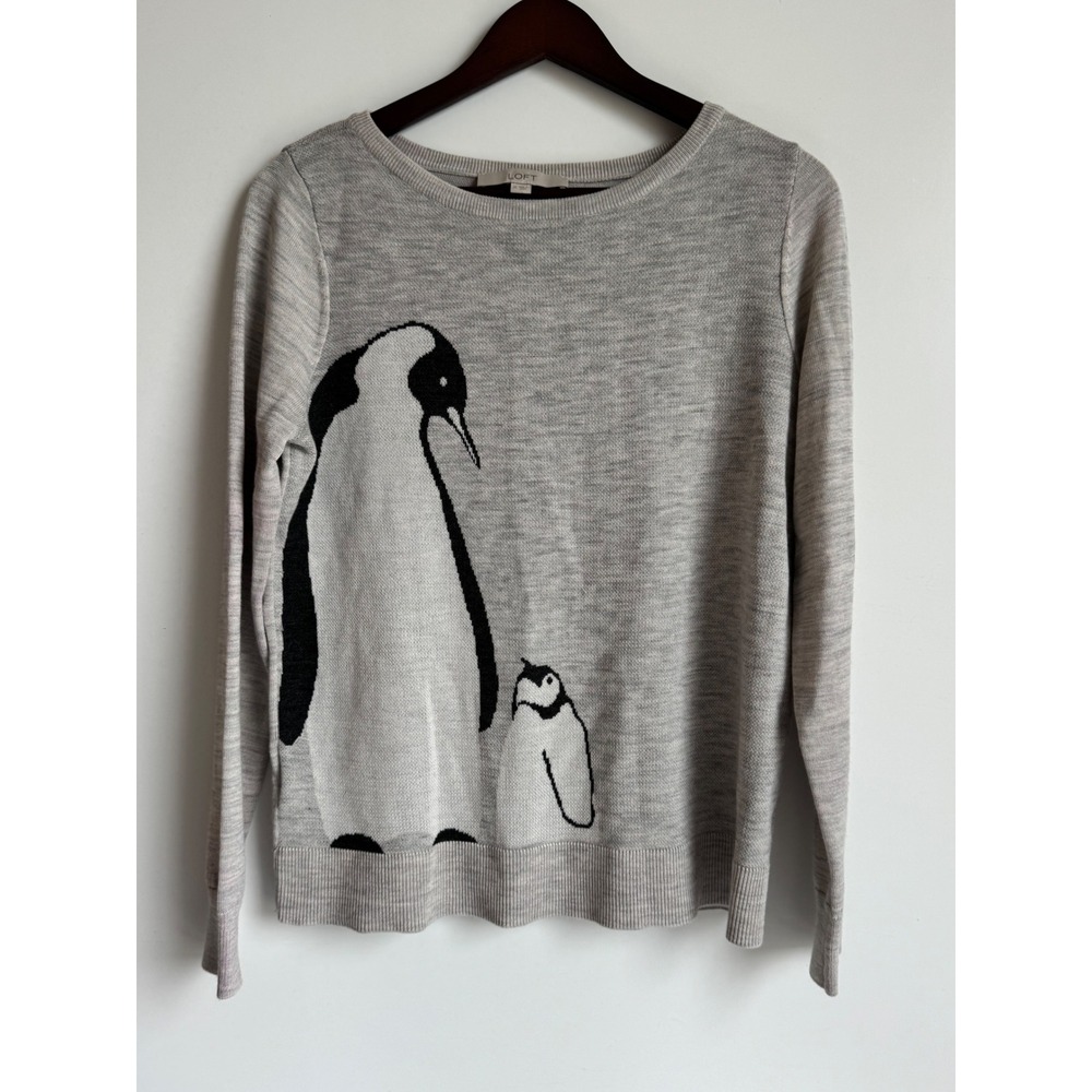 LOFT Womens Gray Penguin Intarsia Knit Crewneck Sweater Size Medium aquarium zoo